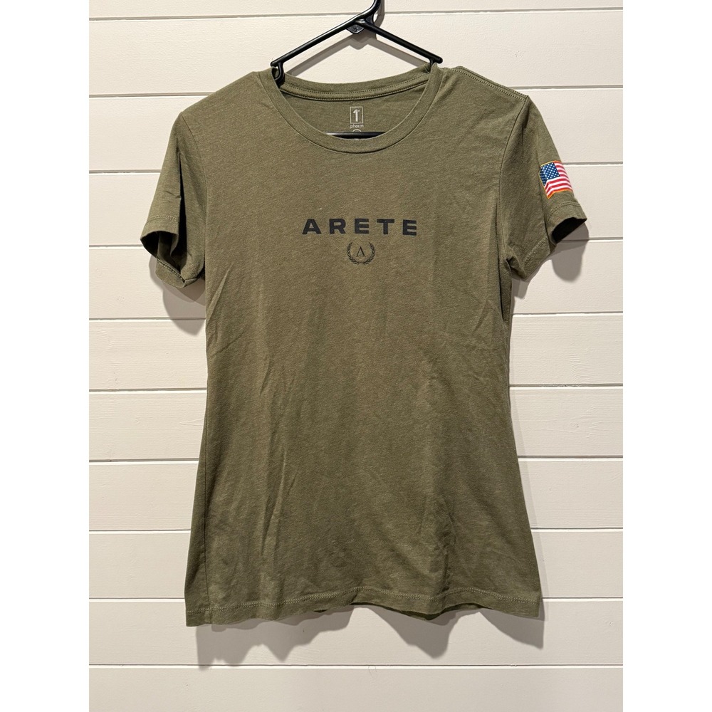 USA Flag Graphic T-Shirt‎ Women's Medium Olive Green Cotton Patriotic Casual Tee